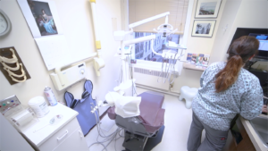 Dental exam room with dental chair.