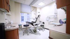 Dental exam room with dental chair.